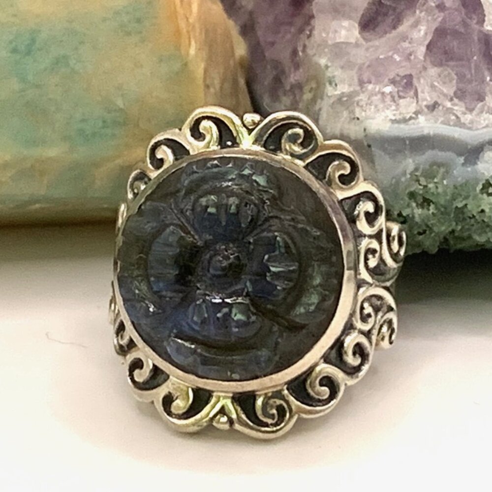 Carved Tanzanite Gemstone Flower Sterling Silver Asian Style Beautiful Ring Sz 6 - Picture 2 of 8